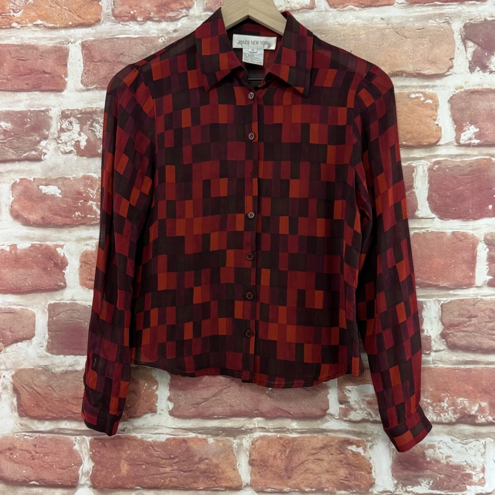 VTG Jones New York Top Women's 6 Multicolor Checkered Abstract 100% Silk Shirt